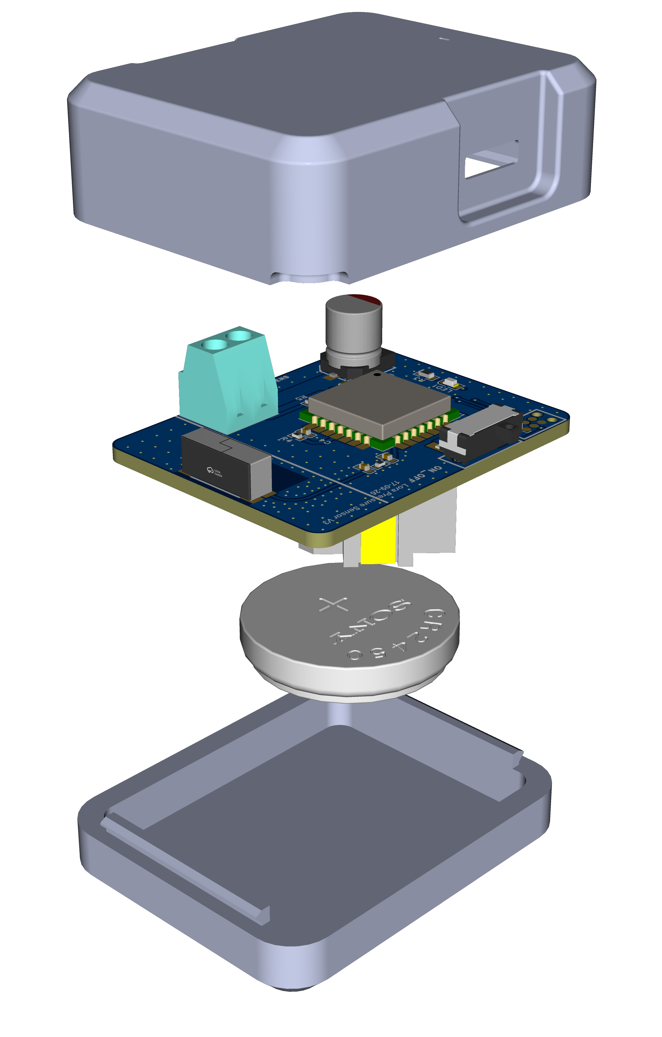 Exploded CAD view of an electronic sensor, showing its enclosure, populated PCB, and battery